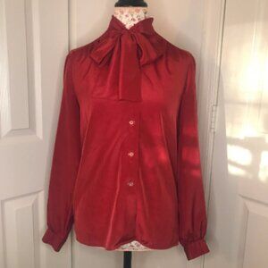1970's Deep Red Blouse with Kitten Bow - S/M